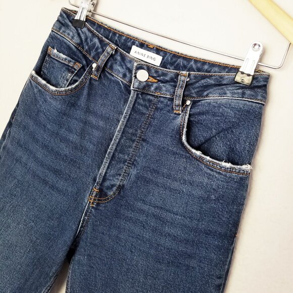 Anine Bing Lara Flared Jeans 27 Mid Indigo Blue High Waist Raw Hem Designer $230 - Picture 14 of 16